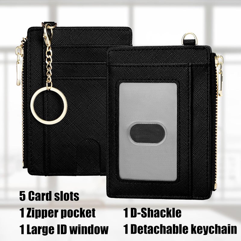 Suweibuke Slim Pocket Wallet, RFID Blocking Credit Card Holder Wallet with D-Shackle ID Window and Detachable keychain for Women (A-Black) - Image 2